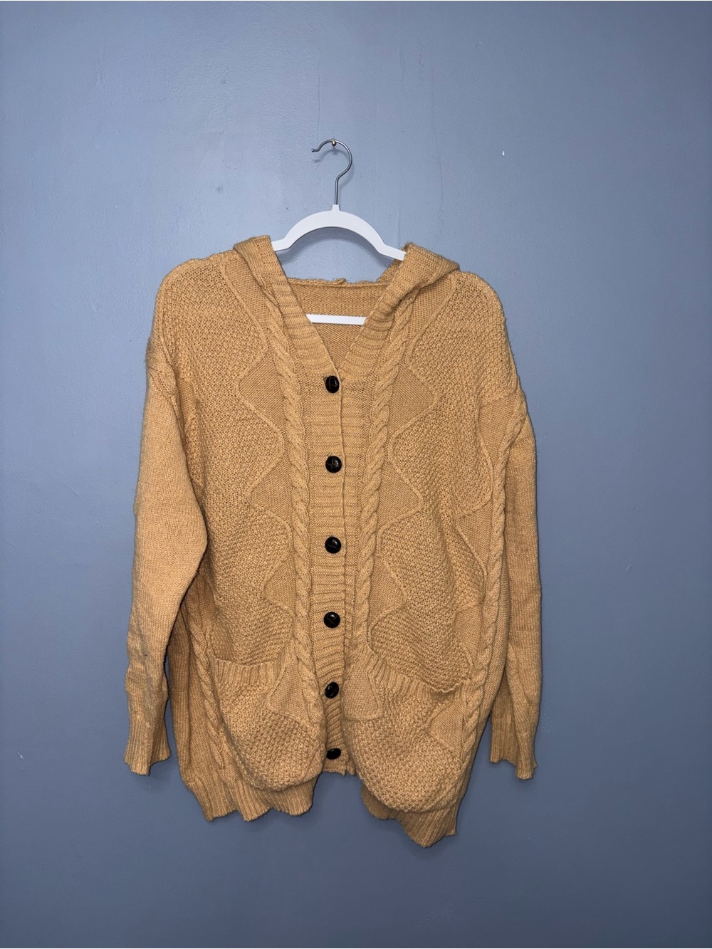 Beige Knit Button Down Hooded Sweater
